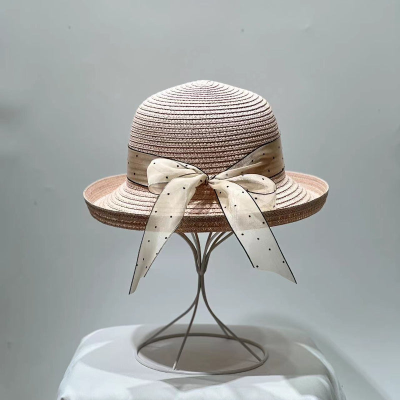 Rolled Brim Sun Hat with Ribbon Bow Straw Hat