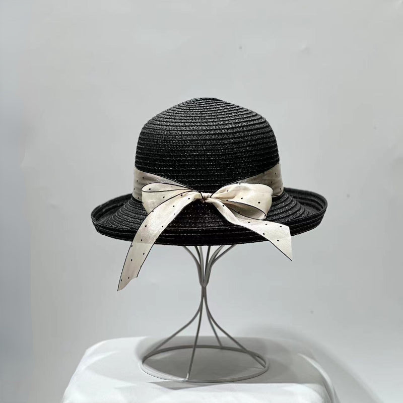 Rolled Brim Sun Hat with Ribbon Bow Straw Hat