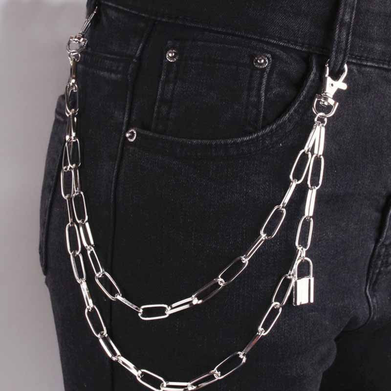 Men's Jeans Chain Punk Style Retro layer Chain Pants Chain Lock