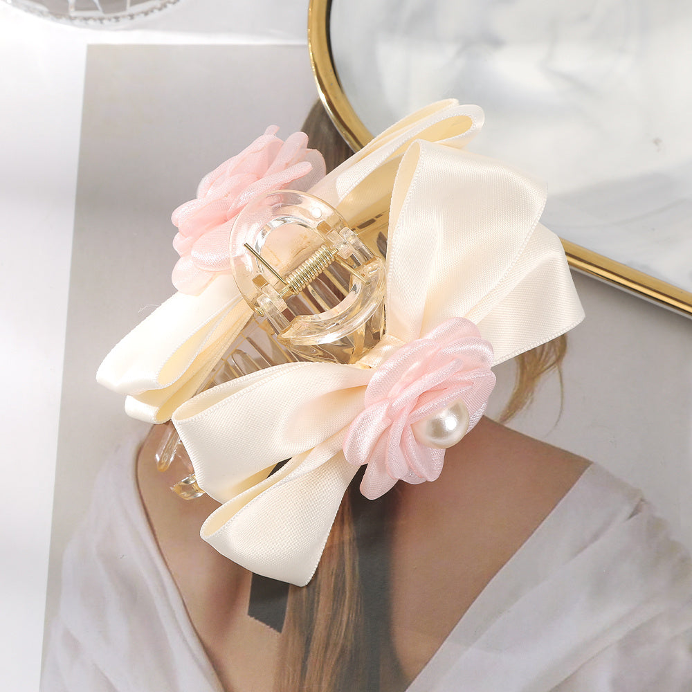 Sweet Mesh Camellia Bow Pearl Hair Claw Girls Hair Clip