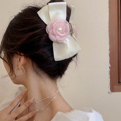 Sweet Mesh Camellia Bow Pearl Hair Claw Girls Hair Clip
