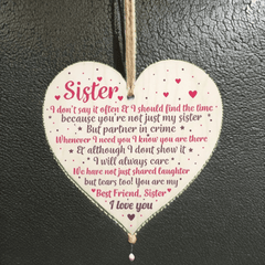 Wooden Heart Pendant Thank You Sister Gift Christmas Friendship Gift