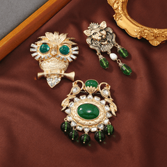 Vintage Medieval Emerald Owl Brooch Green Crystal Fringed Lion Pin