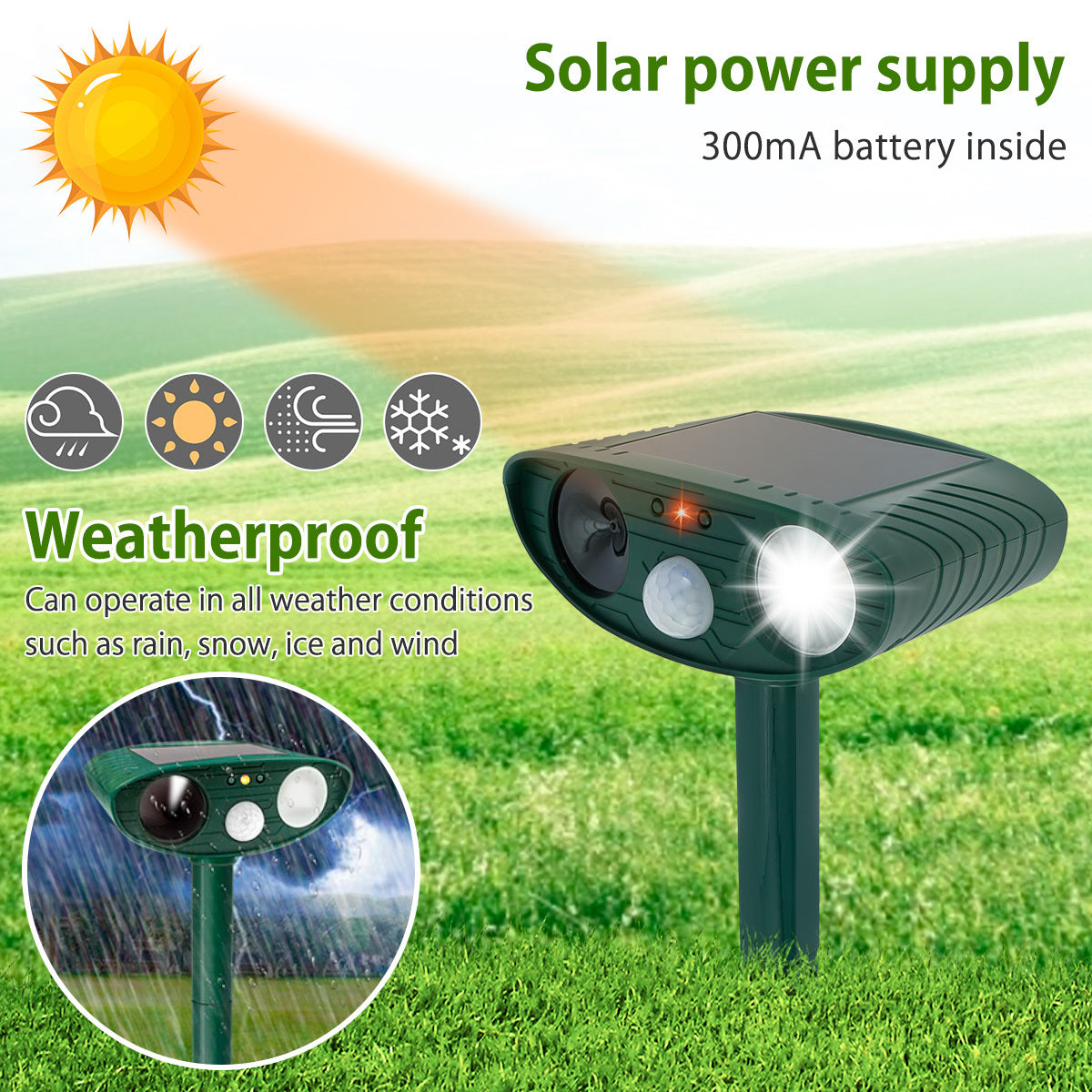 Solar Animal Repellant Ultrasonic Cat Dog Out Door Solar Powered Waterproof