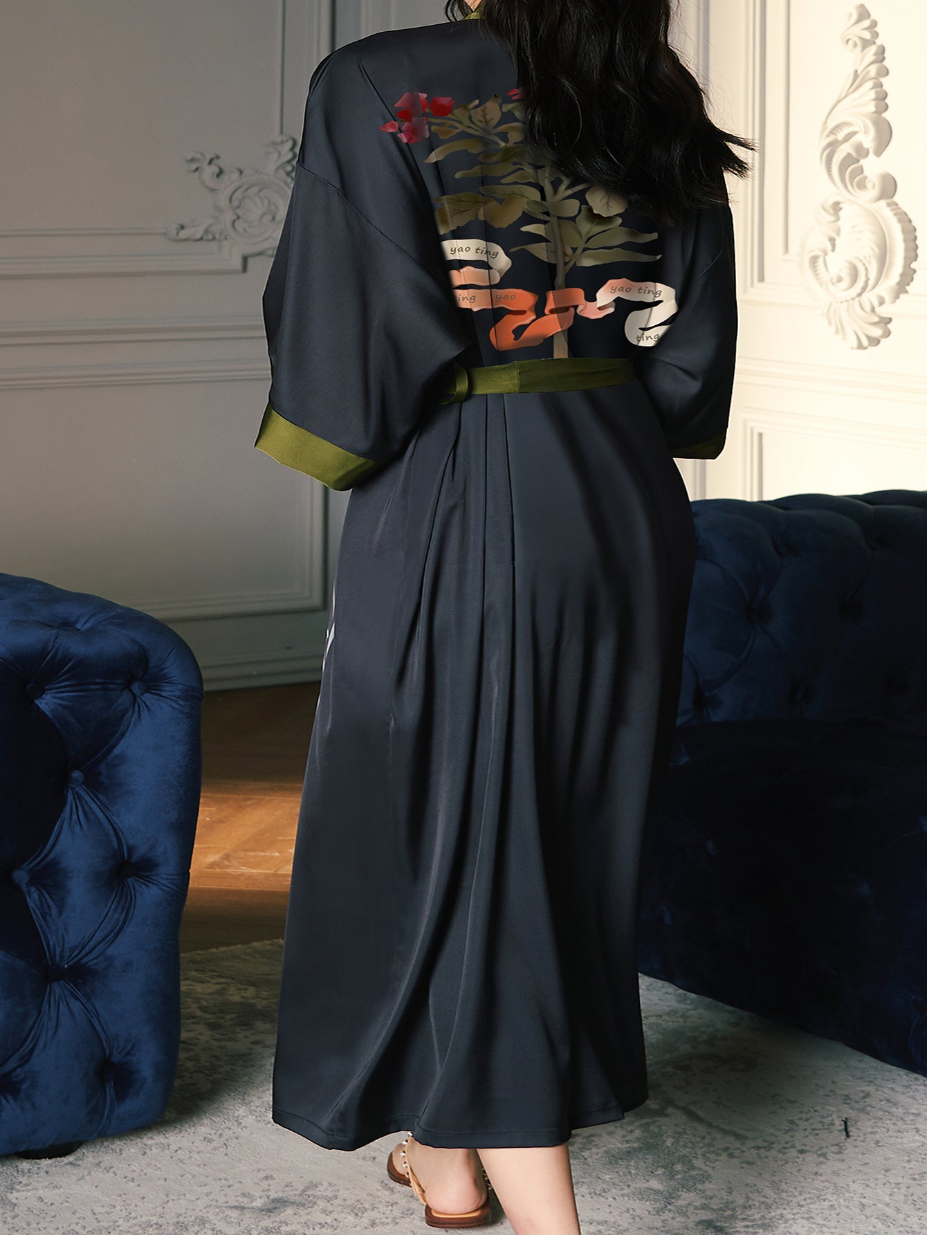  Satin Floral Print Nightgown Robe