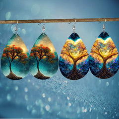 Colorful Tree Print Teardrop Dangle Earrings Bohemian Style PU Leather Jewelry