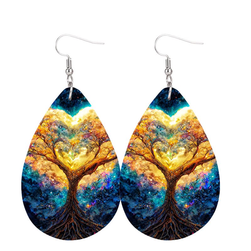 Colorful Tree Print Teardrop Dangle Earrings Bohemian Style PU Leather Jewelry