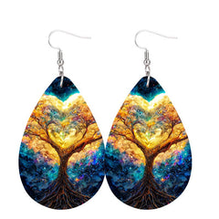 Colorful Tree Print Teardrop Dangle Earrings Bohemian Style PU Leather Jewelry