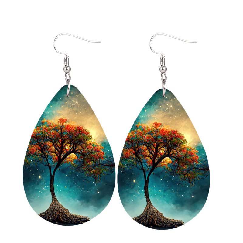 Colorful Tree Print Teardrop Dangle Earrings Bohemian Style PU Leather Jewelry