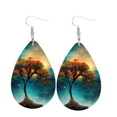 Colorful Tree Print Teardrop Dangle Earrings Bohemian Style PU Leather Jewelry