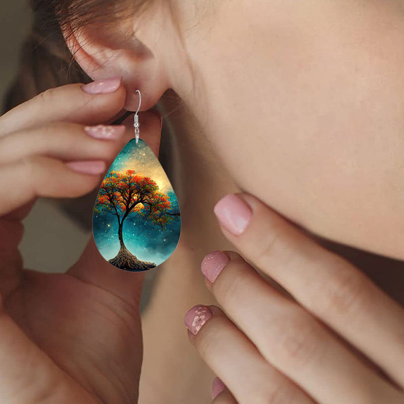Colorful Tree Print Teardrop Dangle Earrings Bohemian Style PU Leather Jewelry