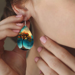 Colorful Tree Print Teardrop Dangle Earrings Bohemian Style PU Leather Jewelry
