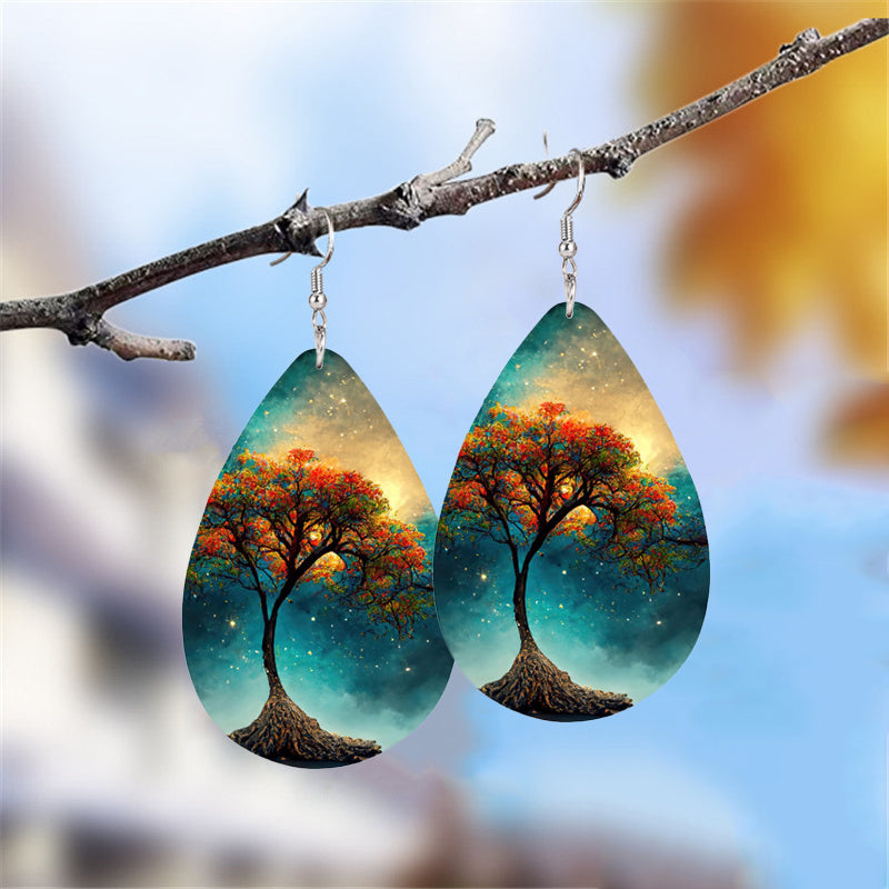 Colorful Tree Print Teardrop Dangle Earrings Bohemian Style PU Leather Jewelry