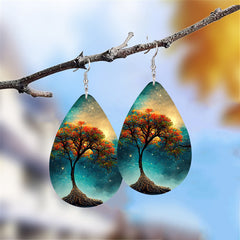 Colorful Tree Print Teardrop Dangle Earrings Bohemian Style PU Leather Jewelry