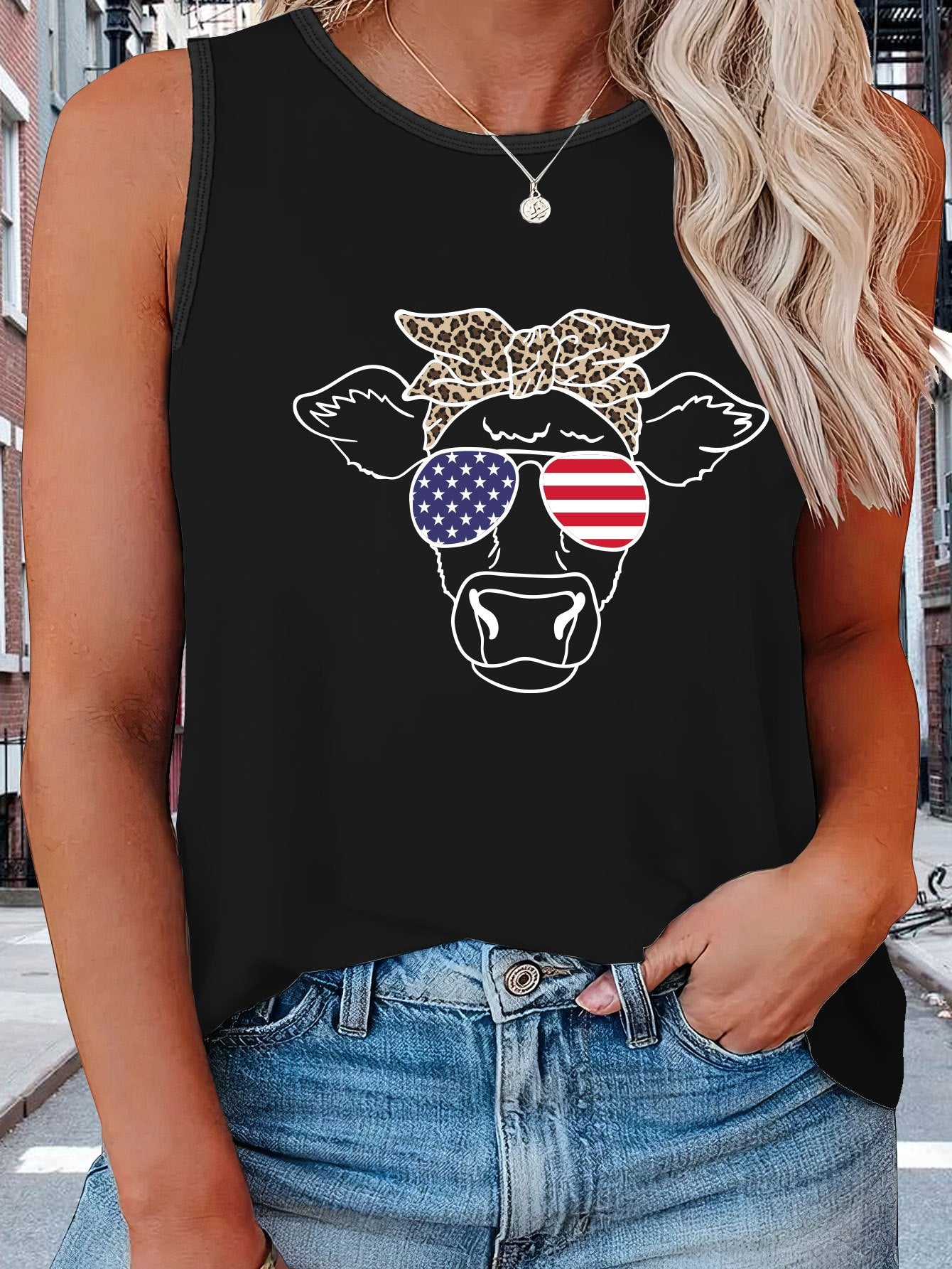  Independence Casual Tank Top Women's Plus Flag Pattern Graphic Print