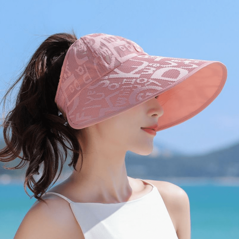 Letter Jacquard Ponytail Visor Hat Wide Brim UV Protection Sun Hat