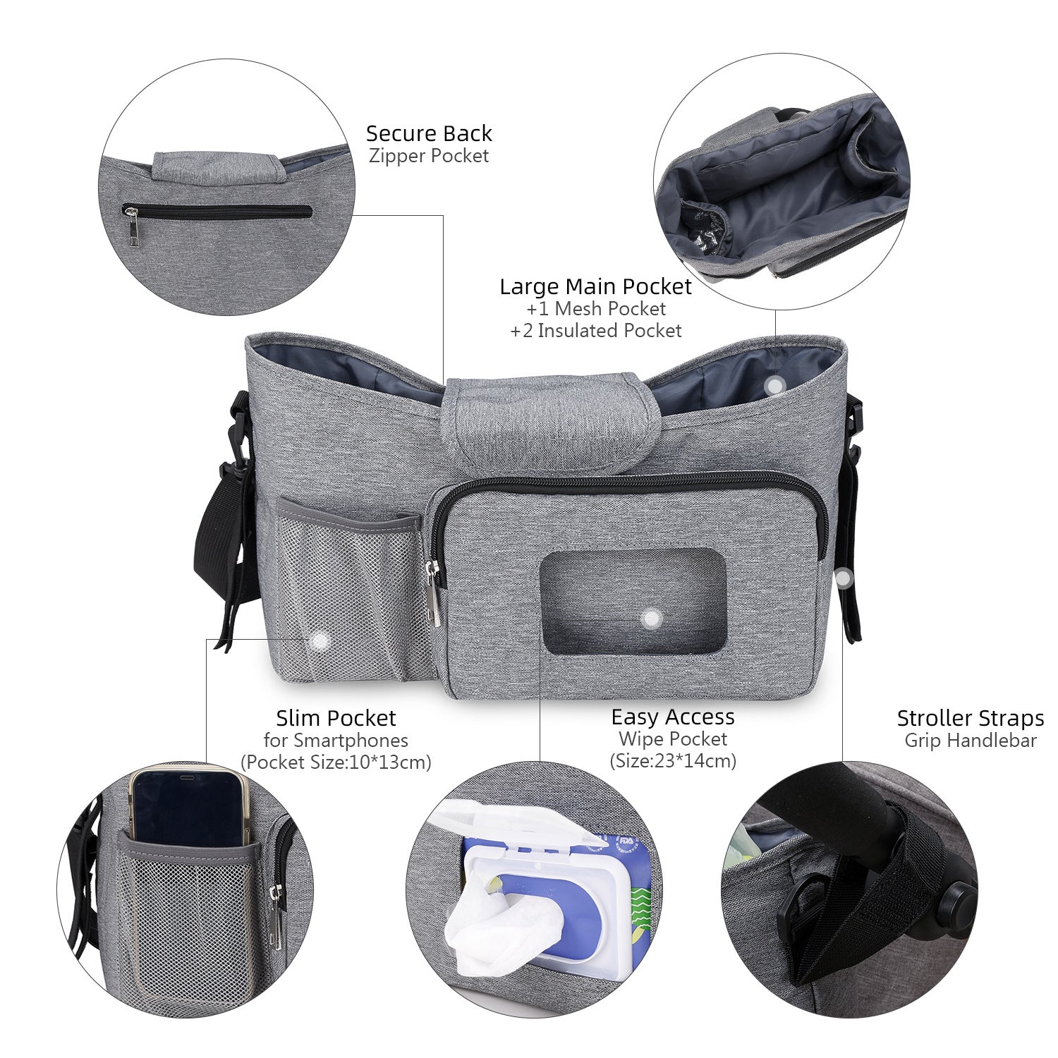 Stroller Bag for Mom and Baby - One Shoulder Mommy Bag with Wet Wipes Drawer