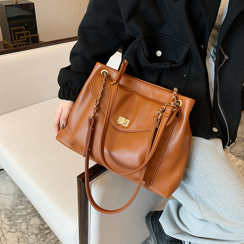 Metal Chain Tote Crossbody Bag PU Leather Shoulder Bag