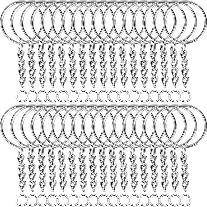 50pcs Split Key Ring With Chain And Jump Ring Silver Metal Keychain Ring