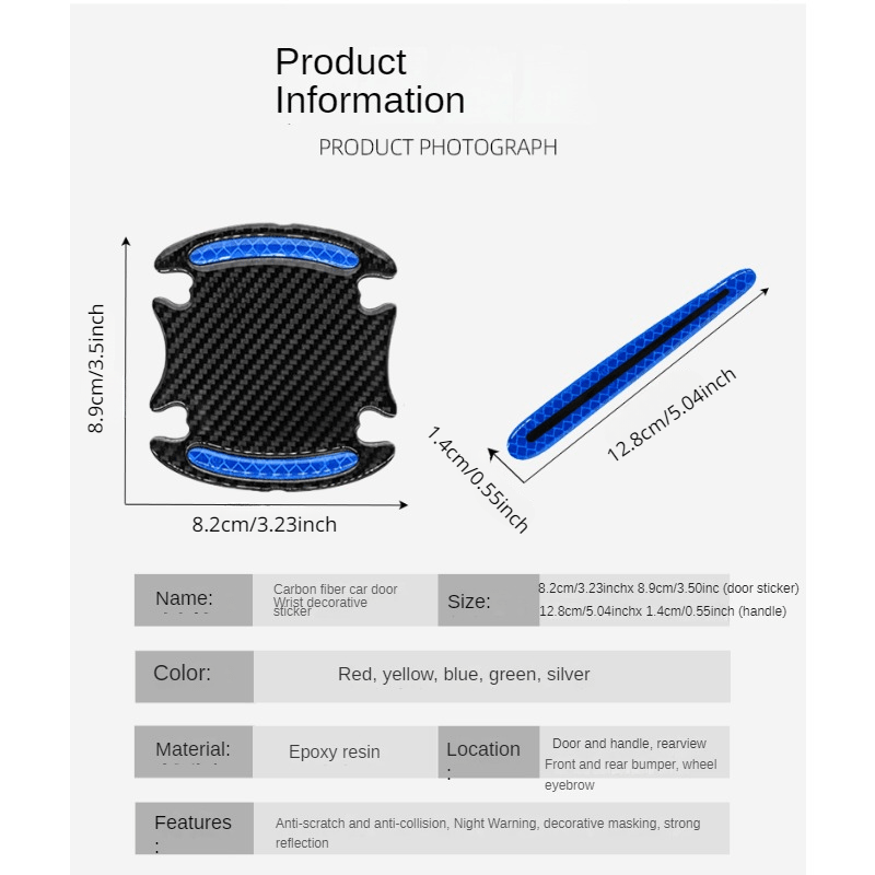 8pcs Car Door Handle Protection Sticker Set Carbon Fiber Pattern Reflective