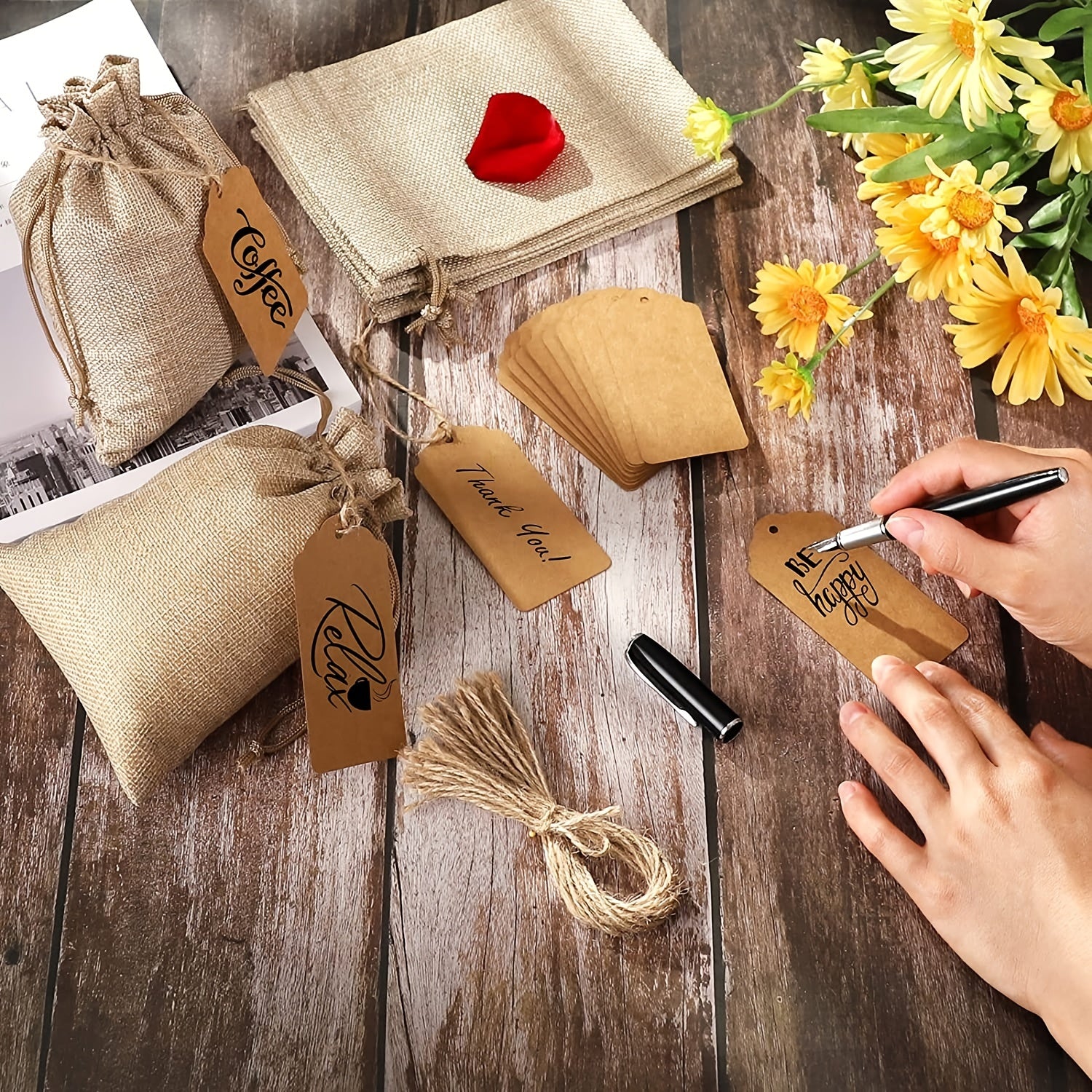 5pcs Canvas Gift Bag with Labels and Rope - Perfect for Weddings
