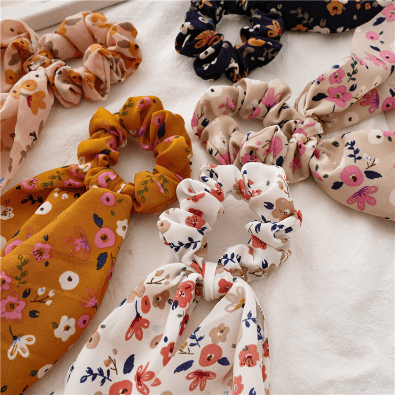 Floral Scrunchies with Rabbit Ears Hair Tie
