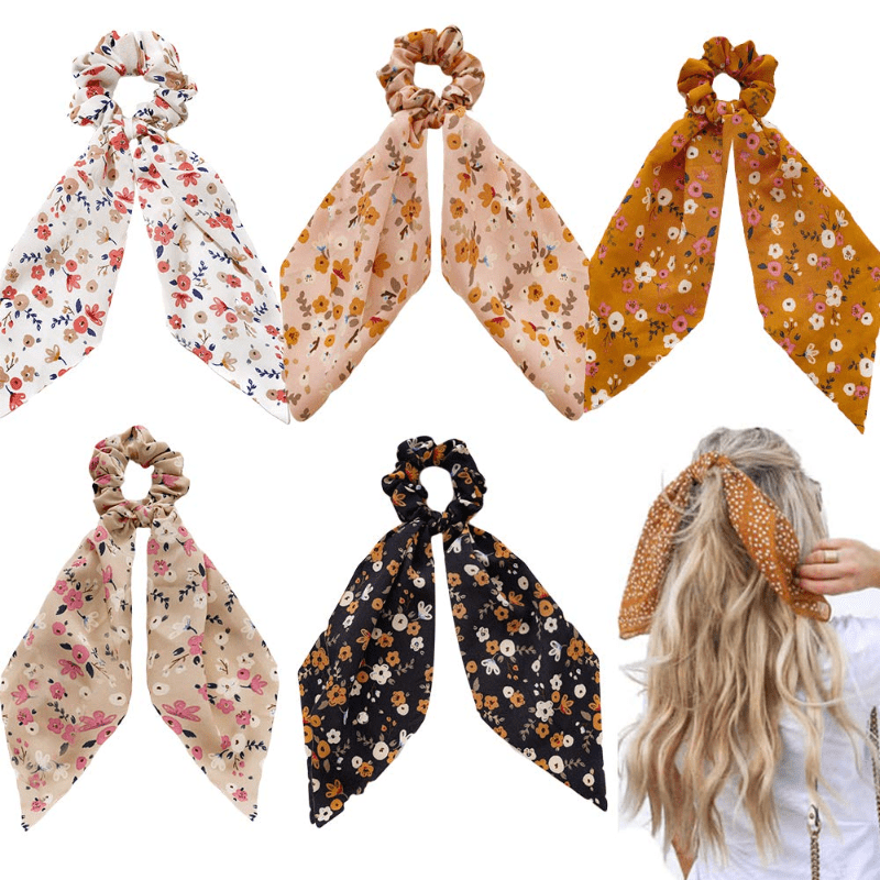 Floral Scrunchies with Rabbit Ears Hair Tie