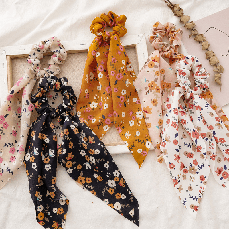 Floral Scrunchies with Rabbit Ears Hair Tie