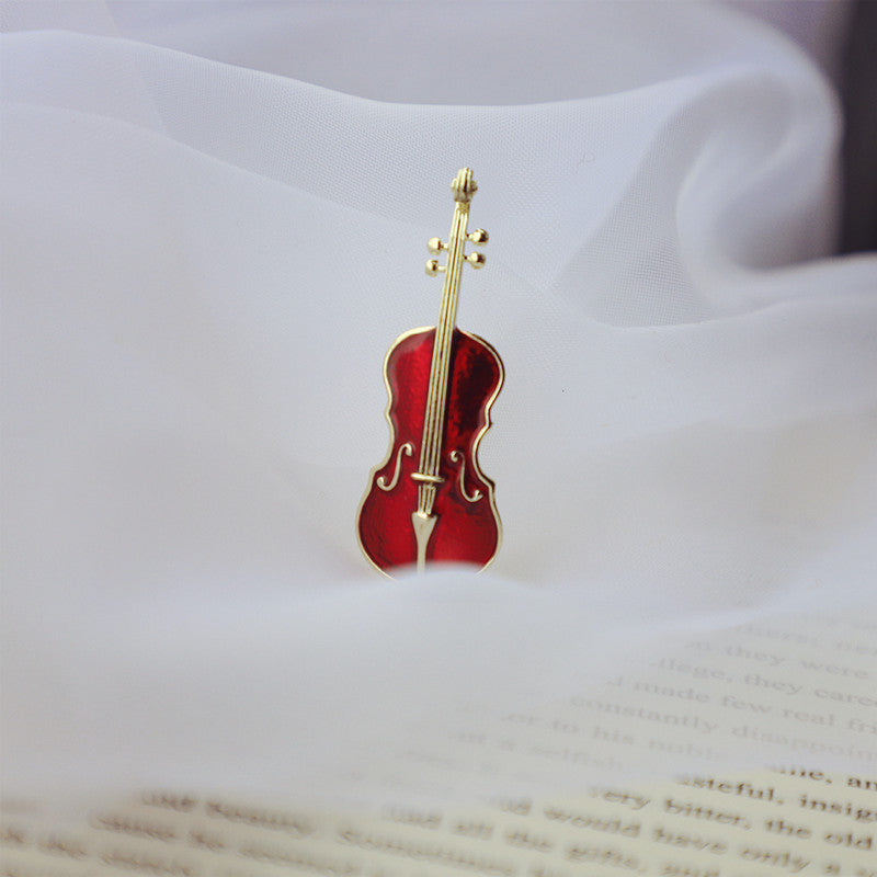 Retro Red Violin Enamel Brooch for Men and Women