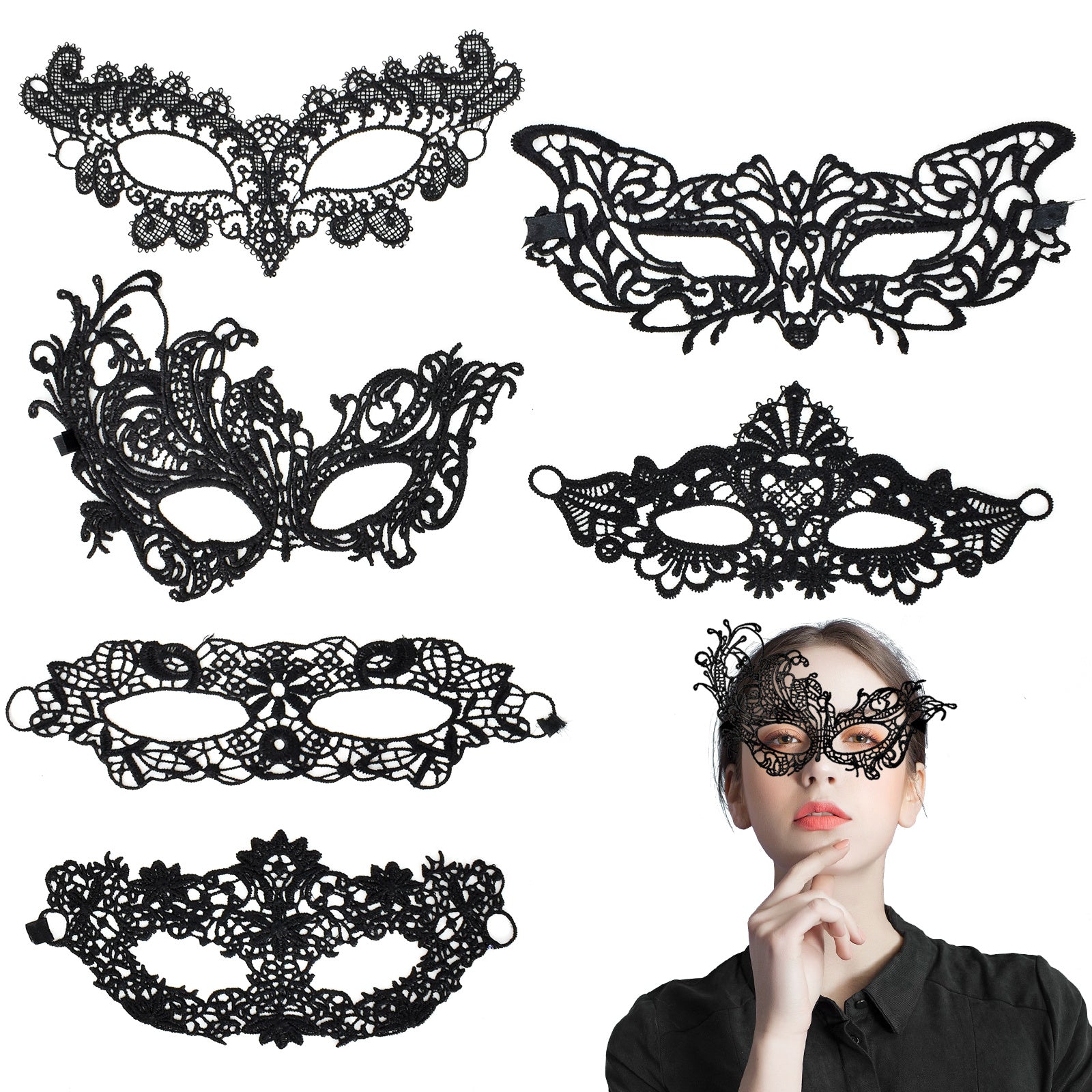 6pcs Sexy Venetian Masks Women Black Eye Mask Masquerade Halloween Party