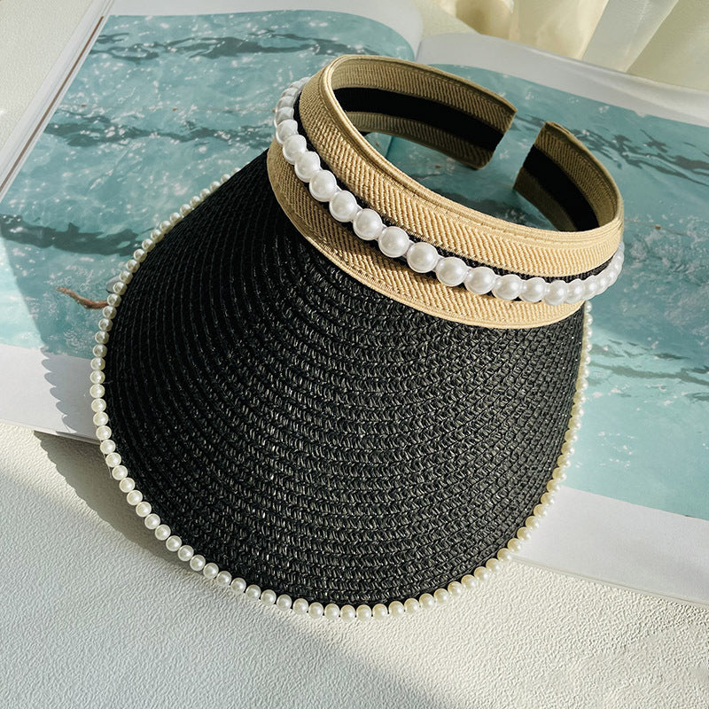 Wide Brim Straw Sun Hat with Faux Pearl Decor