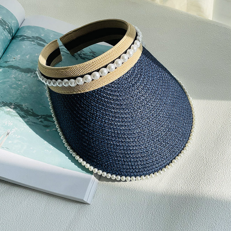 Wide Brim Straw Sun Hat with Faux Pearl Decor