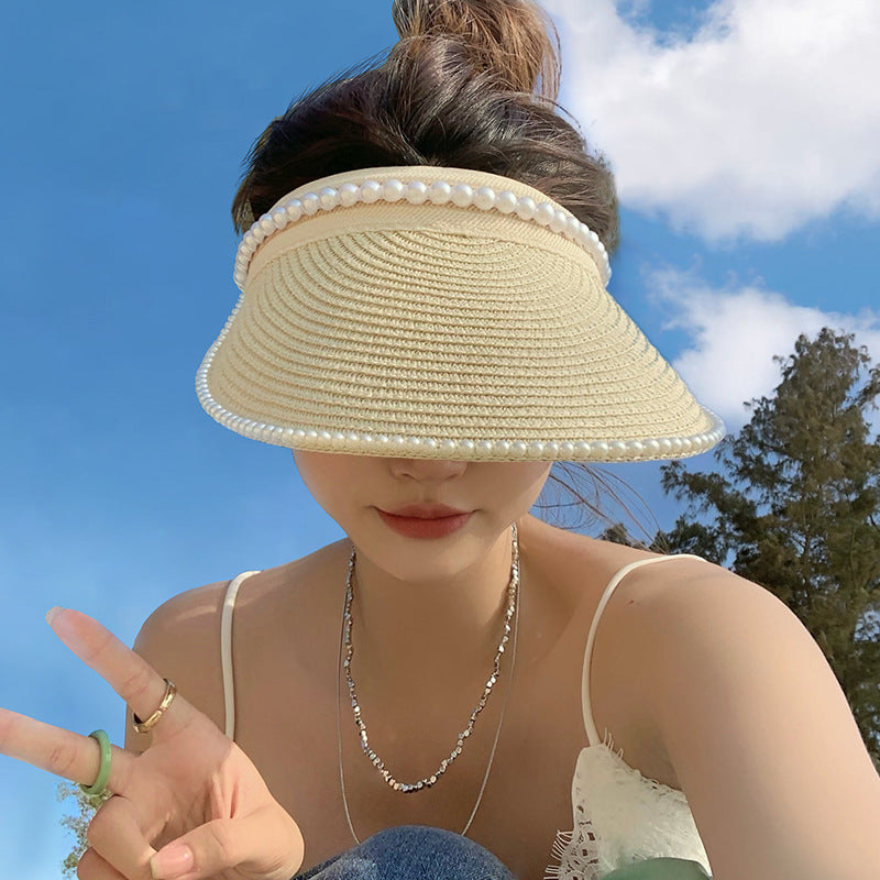 Wide Brim Straw Sun Hat with Faux Pearl Decor