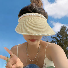 Wide Brim Straw Sun Hat with Faux Pearl Decor