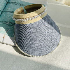 Wide Brim Straw Sun Hat with Faux Pearl Decor
