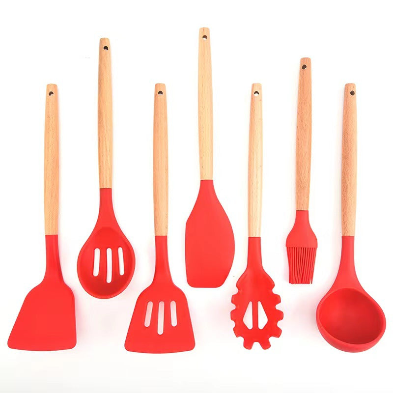 7pcs Silicone Kitchen Utensils with Wooden Handles Set