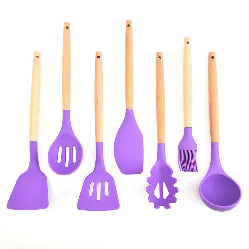 7pcs Silicone Kitchen Utensils with Wooden Handles Set