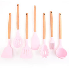 7pcs Silicone Kitchen Utensils with Wooden Handles Set