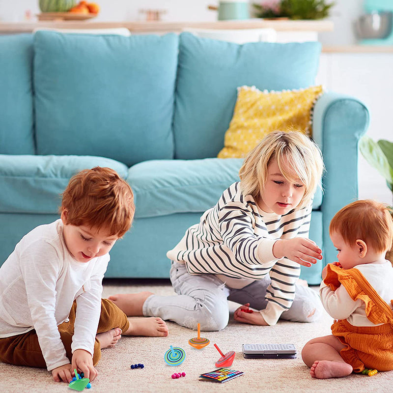 Colorful Organic Wooden Spin Tops For Kids Balance Coordination Skills