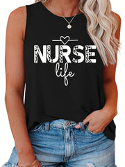  Casual Tank Top Women's Plus Heart & Letter Print Round Neck Tank Top