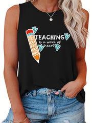 Casual Tank Top Women's Plus Pencil & Letter Print Round