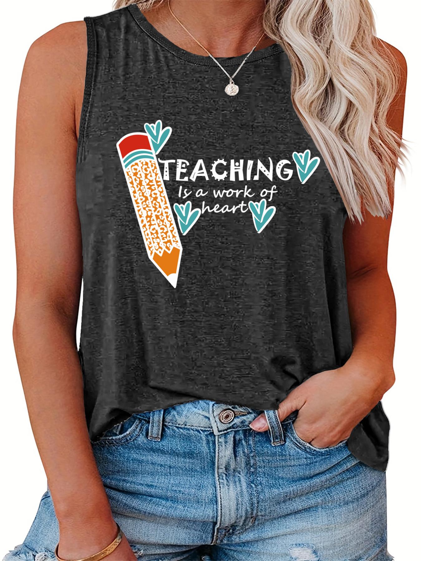 Casual Tank Top Women's Plus Pencil & Letter Print Round