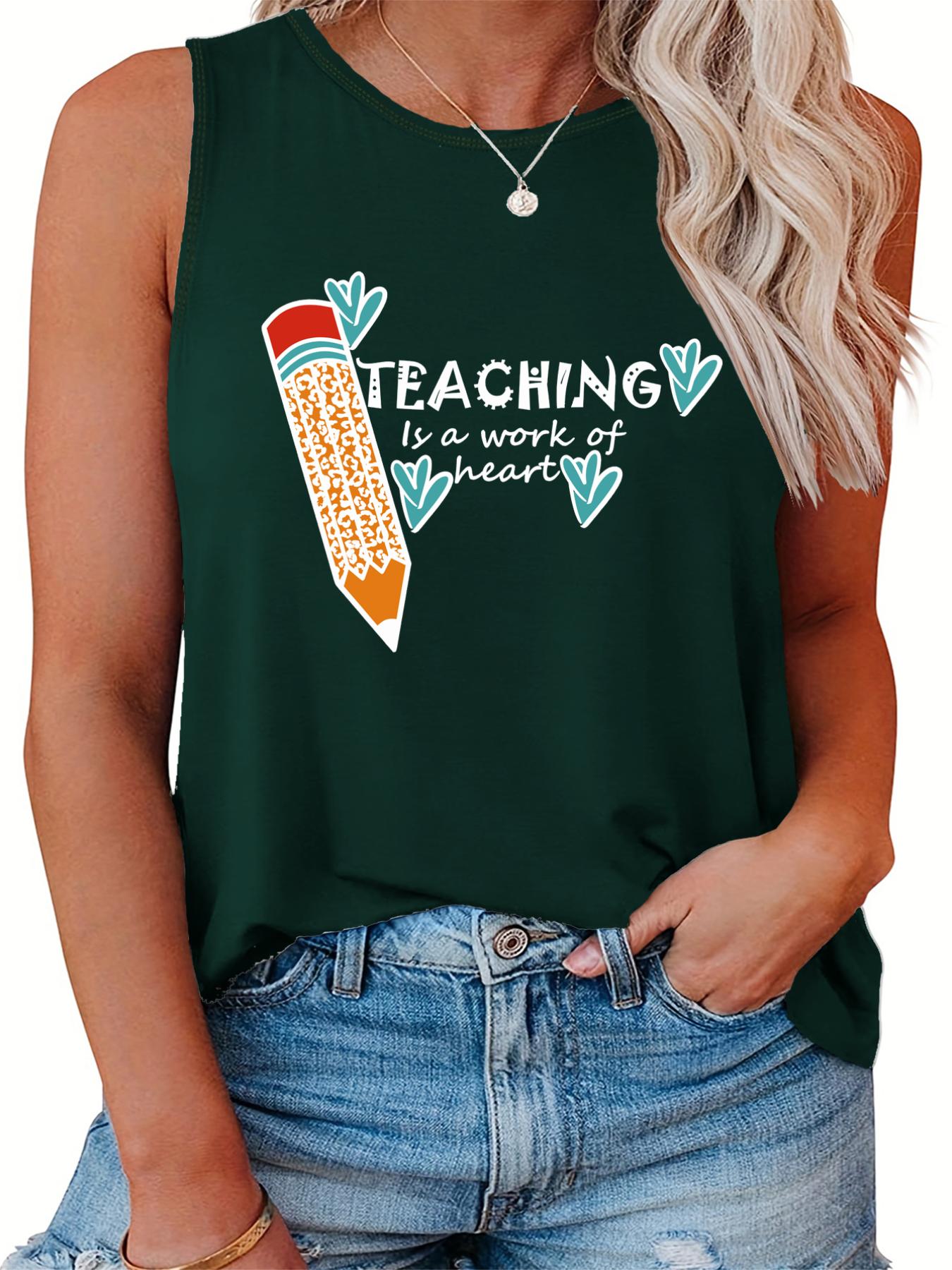  Casual Tank Top Women's Plus Pencil & Letter Print Round