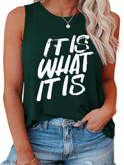  Slogan Print Tank Top Round Neck Stretch Casual Wear