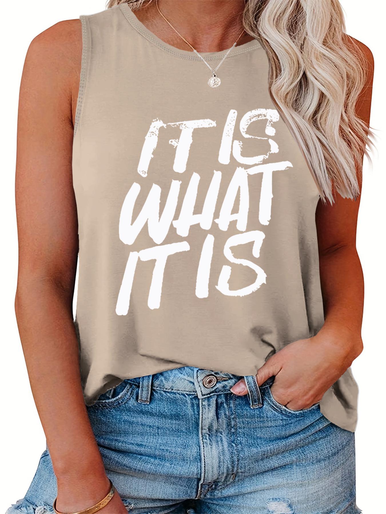  Slogan Print Tank Top Round Neck Stretch Casual Wear
