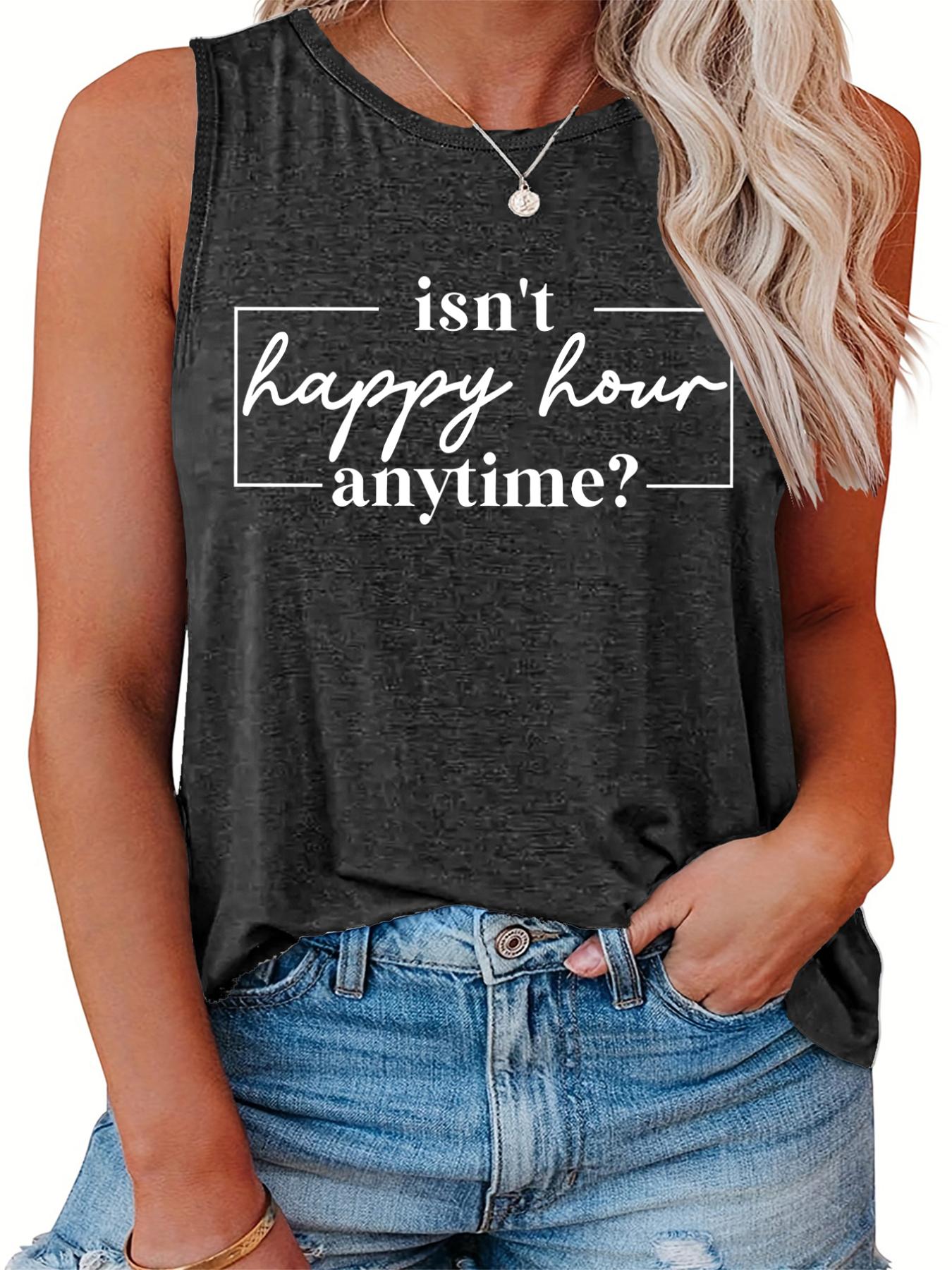  Casual Tank Top Women's Plus Slogan Print Round Neck Stretch Tank Top