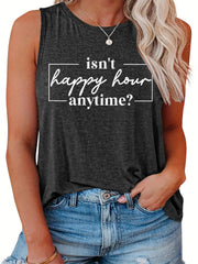  Casual Tank Top Women's Plus Slogan Print Round Neck Stretch Tank Top