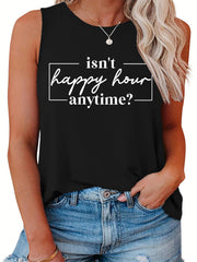  Casual Tank Top Women's Plus Slogan Print Round Neck Stretch Tank Top
