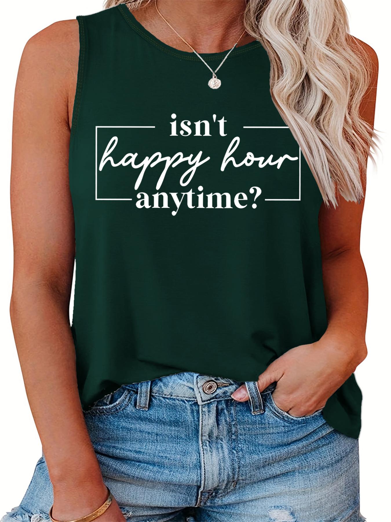  Casual Tank Top Women's Plus Slogan Print Round Neck Stretch Tank Top