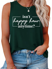  Casual Tank Top Women's Plus Slogan Print Round Neck Stretch Tank Top